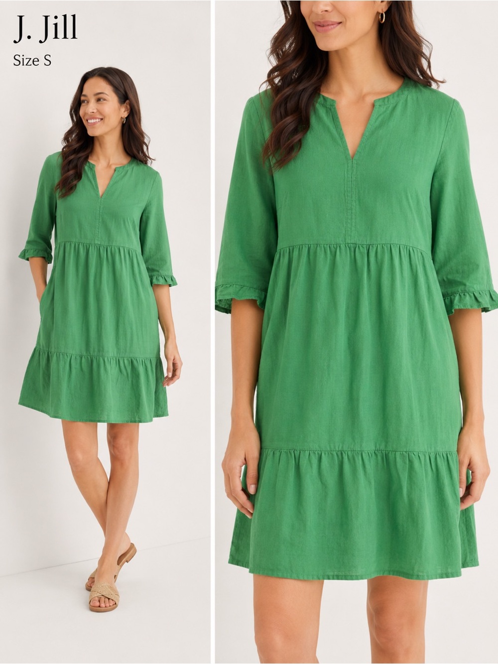 J. Jill Green Linen Blend Tiered Dress Size S Petite Boho Casual